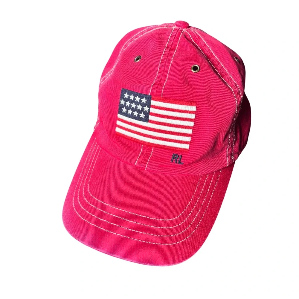 Polo Ralph Lauren Baseball Hat Cap Red USA Flag Emboidered Leather Strap